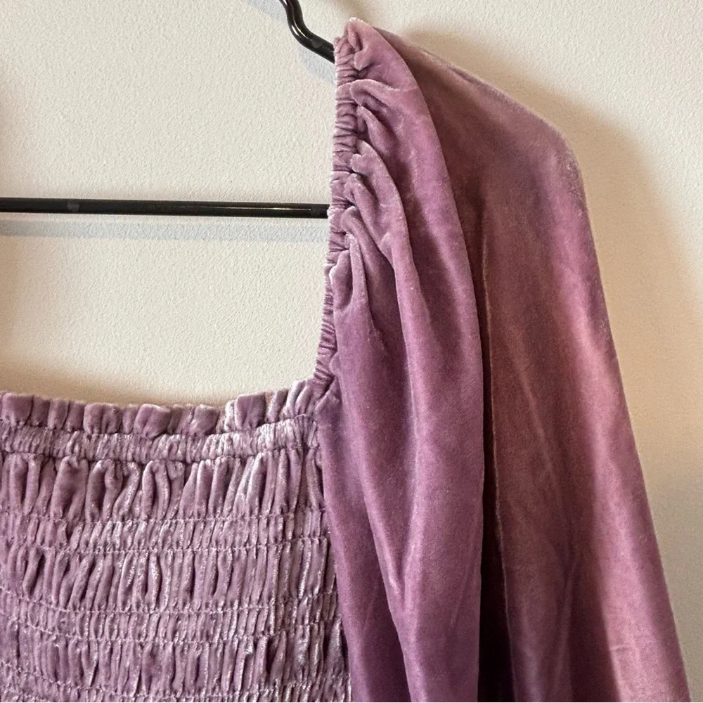 Anthropologie Square-Neck Balloon Sleeve Velvet Smocked Dusty Purple Top Size XS